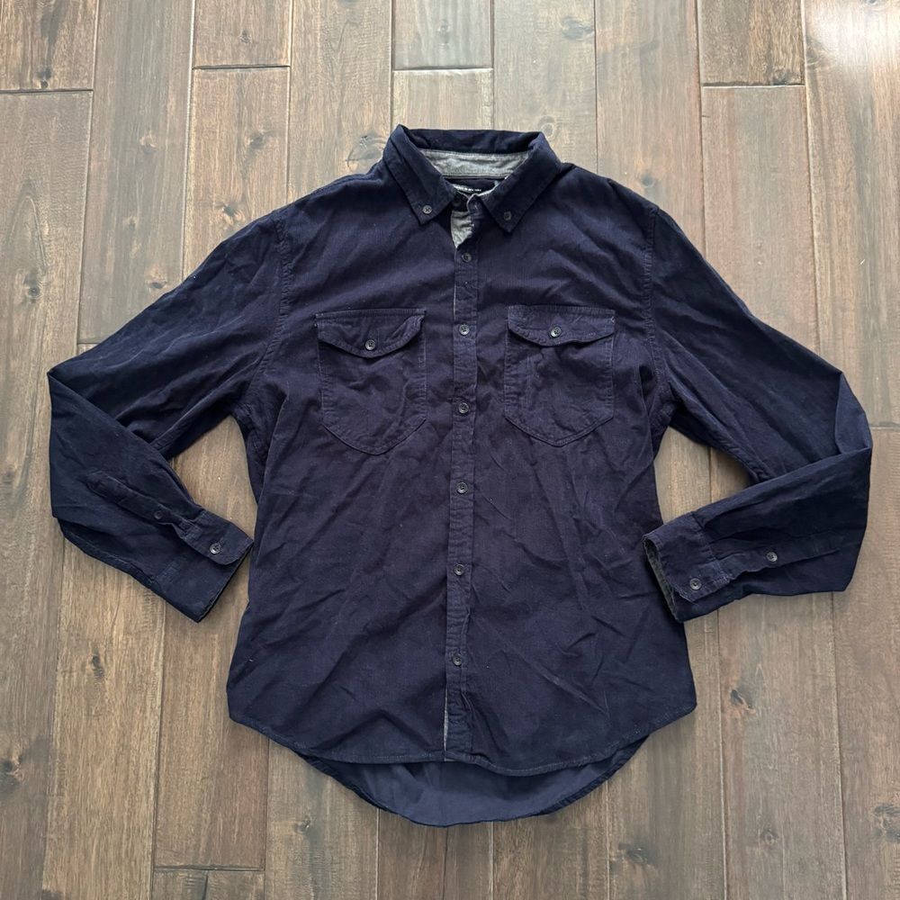 Kenneth Cole Navy Blue Corduroy Button Down Shirt Slim Fit M NWOT